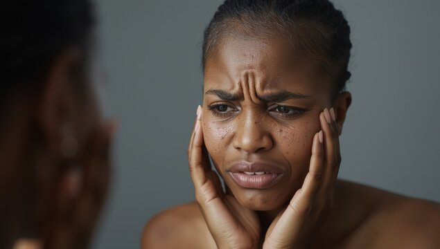 Stressed African American woman examining her face in the mirror, frustrated with wrinkles, acne, and dry, sensitive skin