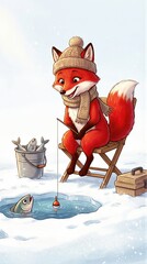 Obraz premium Cute fox in knit hat and scarf ice fishing on a frozen lake with bucket of fish and fishing equipment. Winter fun animal activity for kid.