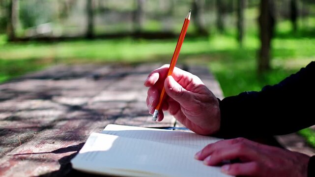 Close up of a man's hand holding a pencil and tapping it above an open notebook outdoors at a park and then writes his notes at the notebook. Selective focus. shallow depth of field. 