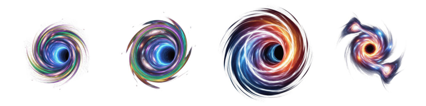 Set and collection of abstract 3D renderings of cosmic black holes and swirling galactic portals isolated on white transparent PNG background