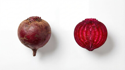 Whole and Cut Beetroot Top View on White