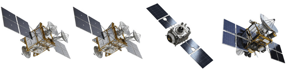 Set of 4 Complex Satellite Hardware Systems with Dual Solar Arrays, Modern Orbital Technology 3D Render for Sci-Fi, Space Engineering, Aerospace Projects, Isolated on White Transparent PNG Background © fixa