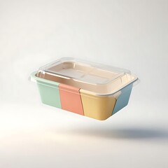 Floating multicolored rectangular food packaging container with clear plastic lid