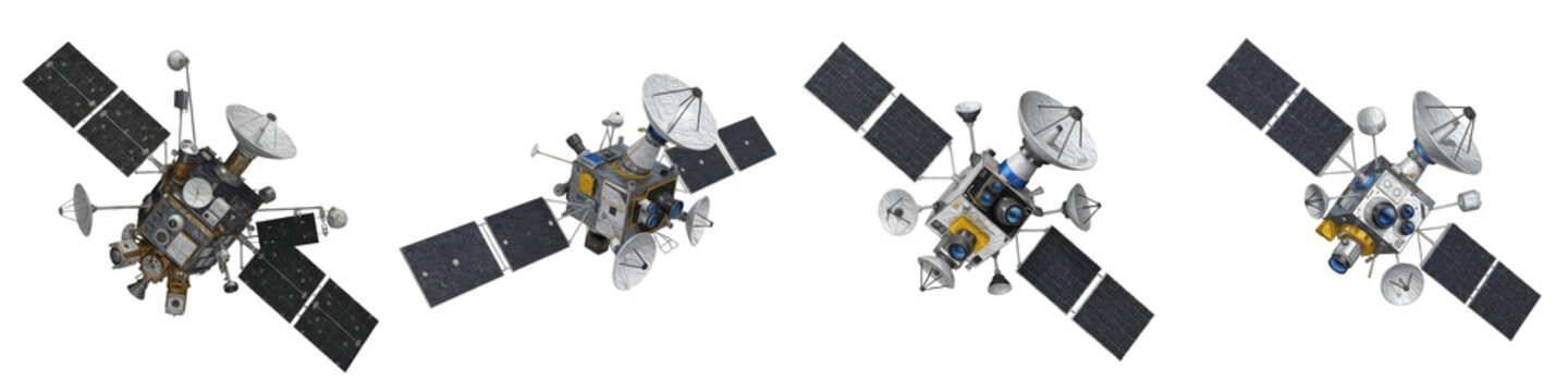 Set of 4 Deep Space Probes and Research Satellites with Solar Arrays, Interstellar Exploration Technology 3D Render for Sci-Fi, Space Science, Astronomy Projects, Isolated on White Transparent PNG 