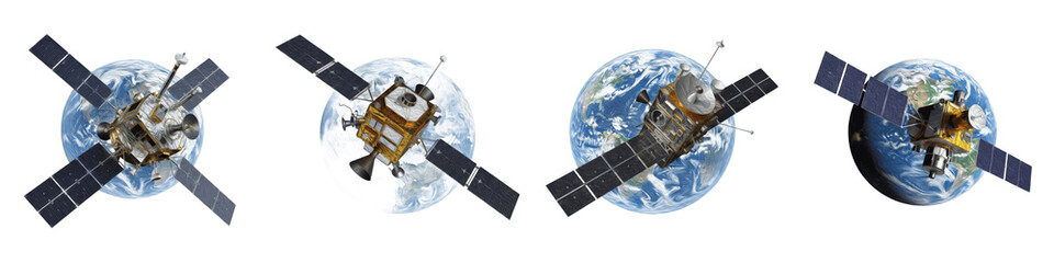 Set of 4 Telecommunication Satellites Orbiting Planet Earth, Global Connectivity and Space Technology Concept 3D Render for Sci-Fi, Telecom, Satellite Design, Isolated on White Transparent PNG Backgro © fixa