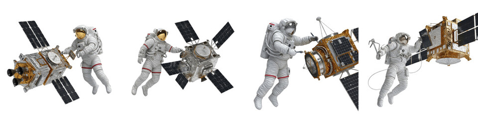 Set of 4 Astronauts Repairing and Working on Satellite in Orbit, Deep Space Maintenance Mission 3D Render for Sci-Fi, Space Art, Engineering Projects, Isolated on White Transparent PNG Background © fixa
