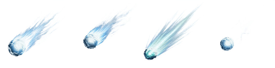 Set of 4 Realistic Blue Icy Comets with Frozen Gas Trails, 3D Winter Meteor Shower Falling Star Effect for Astronomy, Sci-Fi, Space Art, Isolated on White Transparent PNG Background © fixa