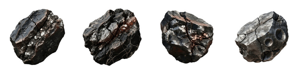 Set of 4 Irregular Jagged Space Meteorites with Sharp Rock Texture, Realistic 3D Asteroid Fragments for Sci-Fi, Gaming, Astronomy, Isolated on White Transparent PNG Background