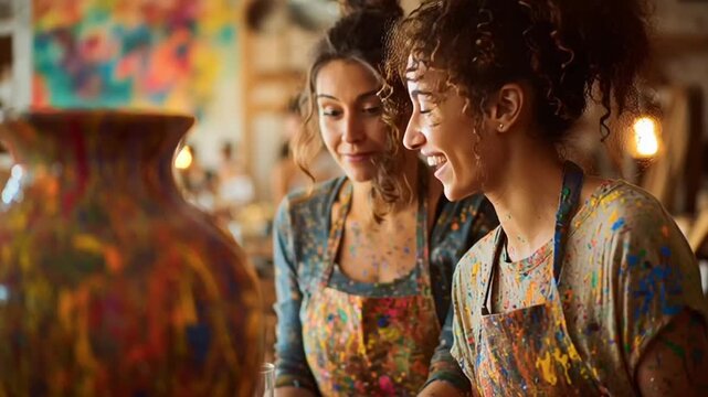 Two happy artists in a vibrant studio smiling at a video about their creative process