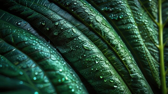 Lush Tropical Leaf Vein Detail With Rain Moisture and Botanical Depth