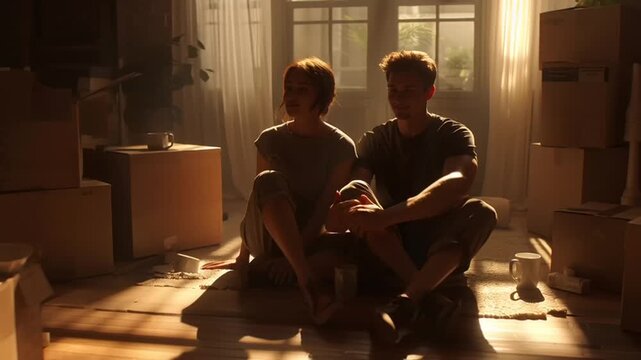 A couple sits on the floor of their new home surrounded by cardboard boxes in a warm video.
