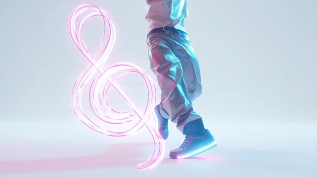 A young man wearing headphones and dancing with a neon treble clef in a vibrant video