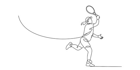 Fototapeta premium Dynamic continuous line drawing of a tennis player in action, striking a serve