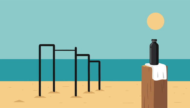 Outdoor gym with parallel bars and water bottle on a sunny beach.