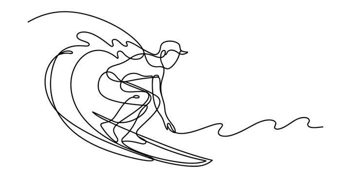 Continuous line art of a surfer riding a large ocean wave with dynamic motion