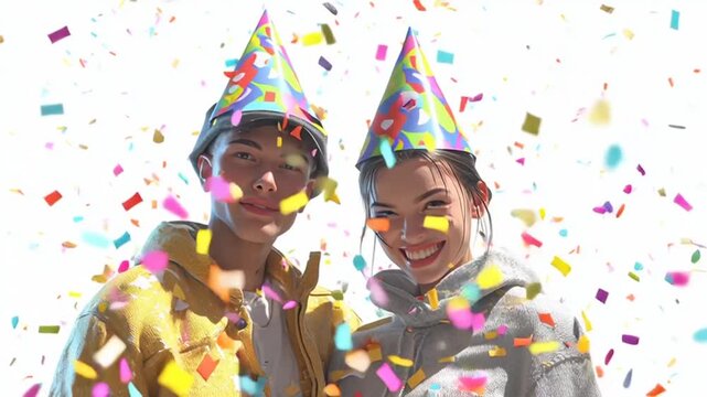 Two happy friends celebrating a special occasion with colorful confetti in the air