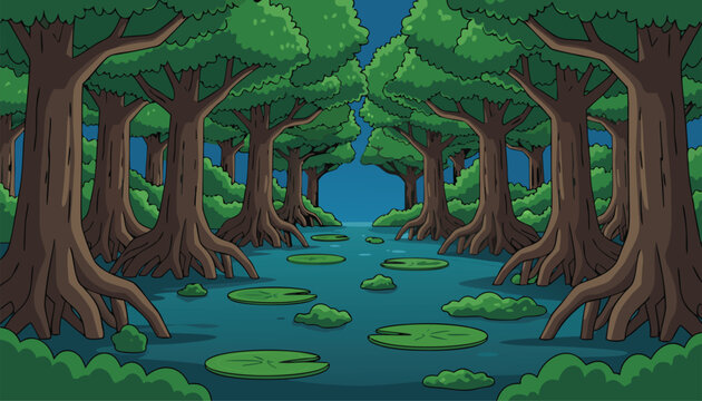 Pixel art swamp landscape with trees and lily pads.