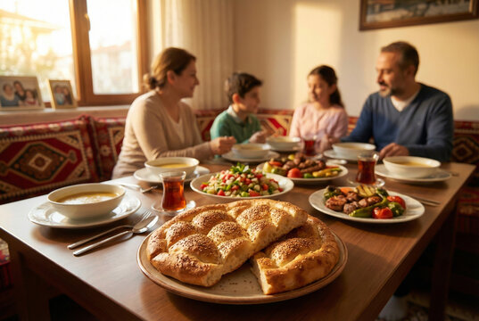 Selective focus on fresh ramadan pita bread on a dinner table with a happy Turkish family eating iftar meal in the background