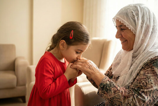 Cute little Turkish girl kissing the hand of her grandmother to show respect during eid mubarak celebration