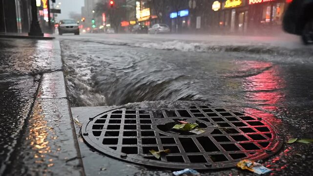 Powerful rainstorm flooding city streets and flowing into storm drains dynamically.