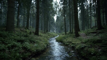Obraz premium Dark Forest Stream Landscape
