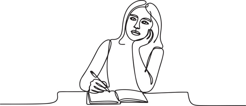 Sketch of girl thinking with notebook on table, Hand drawn vector illustration. one line Art icon drawing vector