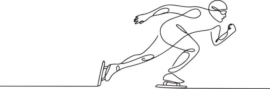 One line drawing of a speed skater in racing suit and helmet on ice. one line Art icon drawing vector