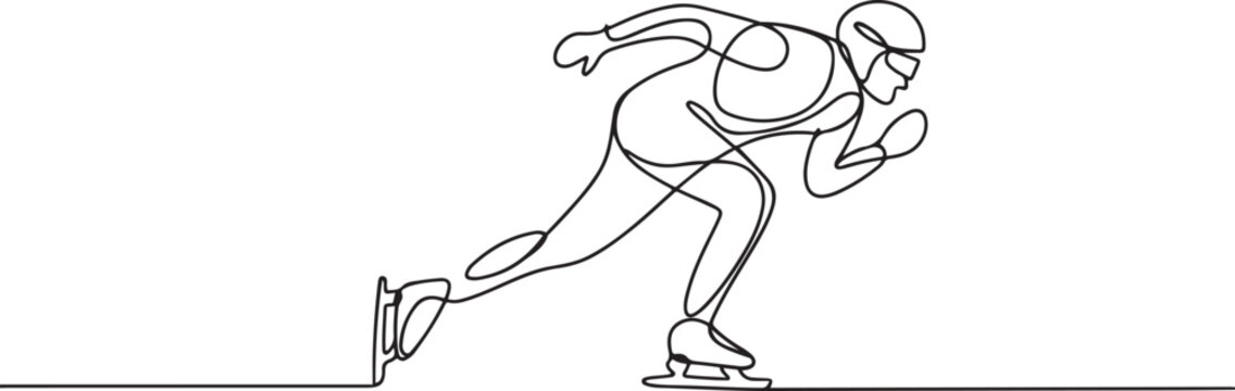 One line drawing of a speed skater in racing suit and helmet on ice. one line Art icon drawing vector