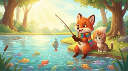 Obraz premium A cute fox character fishing from a river with a small kitten nearby. Cartoon illustration for children book, story, or educational material.