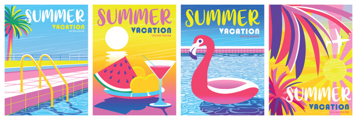 Obraz premium Summer beach family holidays and weekends. Set of cute trendy vector illustrations: swimming pool, sun rays, tropical palm leaves, cocktail and tropical fruits, flamingo bathing circle.
