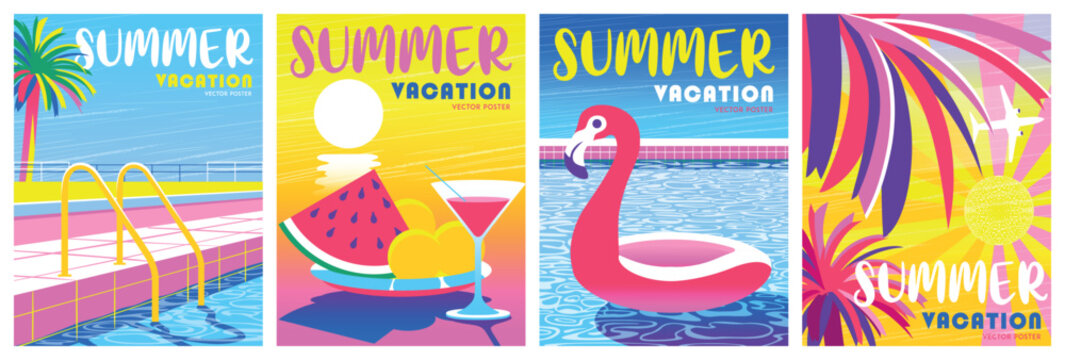 Summer beach family holidays and weekends. Set of cute trendy vector illustrations: swimming pool, sun rays, tropical palm leaves, cocktail and tropical fruits, flamingo bathing circle.