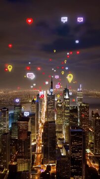 An Aerial View of a Modern Cityscape at Dusk, Enhanced with Colorful Social Media Icons Representing Online Engagement and Connectivity