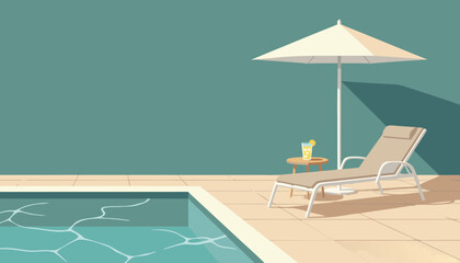 Relaxing poolside scene with a lounge chair, umbrella, and refreshing drink. © Zetaa