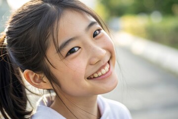 Obraz premium Capturing the joy of youth portrait of an asian teenage girl smiling brightly in natural light close-up perspective