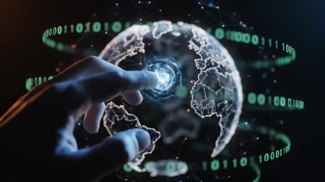 Digital globe with binary code and a hand reaching out on a dark background.