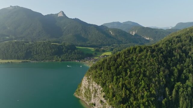 Aerial view landscape Wolfgangsee Austria. Lake on the shore of the mountain ranges of the Alps, tourist Europe.
