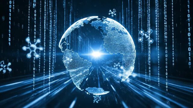 Abstract digital earth globe with blue light streaks and binary code background.