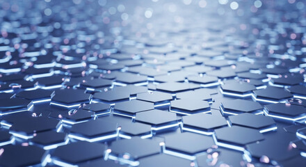Obraz premium Hexagonal Grid with Neon Blue Lines and Dark Blue Tiles in Futuristic Style with Glowing Effect for Technology Background