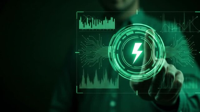 Businessman interacting with futuristic energy interface in green tech environment