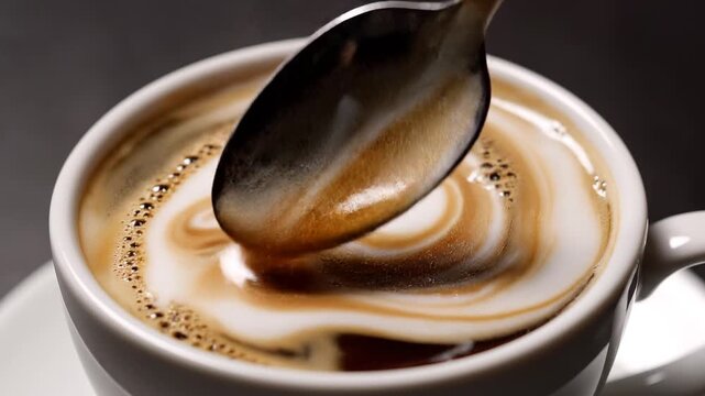 Close-up of a spoon stirring coffee with cream creating swirling patterns in a cup on a dark surface
