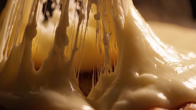 Cheese being pulled apart showing stretchy texture close up dairy food preparation snack making melting cheese