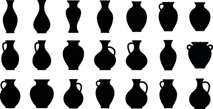 Vase pottery silhouette vector set with ceramic jars amphora urns and classic decorative containers on transparent background