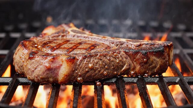 Close up view of grilled t bone steak with grill marks over open flame in a barbecue setting
