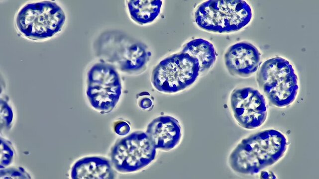 Microscopic view of blue-stained cells with white patterns against a gray background