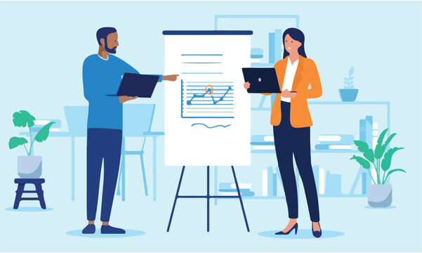  People looking at graph - Businessman and businesswoman with laptop computers doing presentation on flip over shite board with rising graph and chart. Flat design vector illustration.