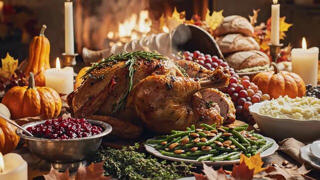 Cozy Thanksgiving Dinner Table with Roasted Turkey, Pumpkins, and Fireplace Glow