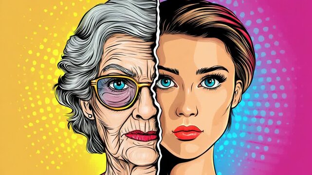 Portrait of an older woman and a young woman split in half showing contrasting features and styles