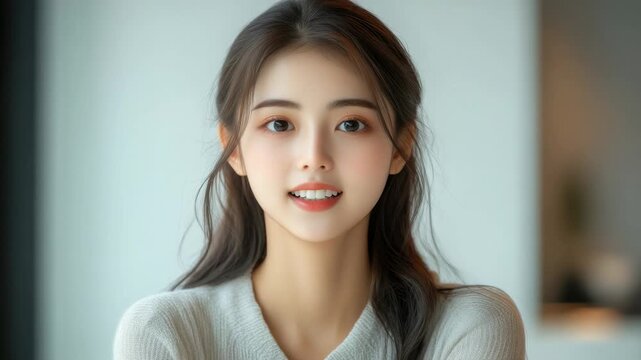 Young woman poses in a bright room with relaxed atmosphere during the afternoon hours, showcasing a simple yet engaging expression