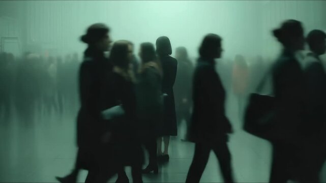 Solitary woman stands still amid blurry moving crowd inside a hazy, muted, modern hall. Feeling of deep isolation, emotional distance, unnoticed. Melancholy mood prevails.