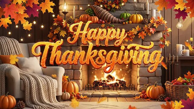 Cozy Thanksgiving Fireplace Scene with Falling Leaves and "Happy Thanksgiving" Text